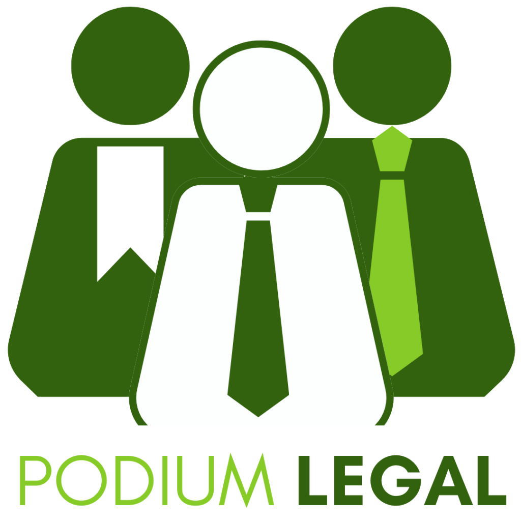 logo van Podium Legal, afbeelding van 3 personen met de naam Podium Legal eronder
